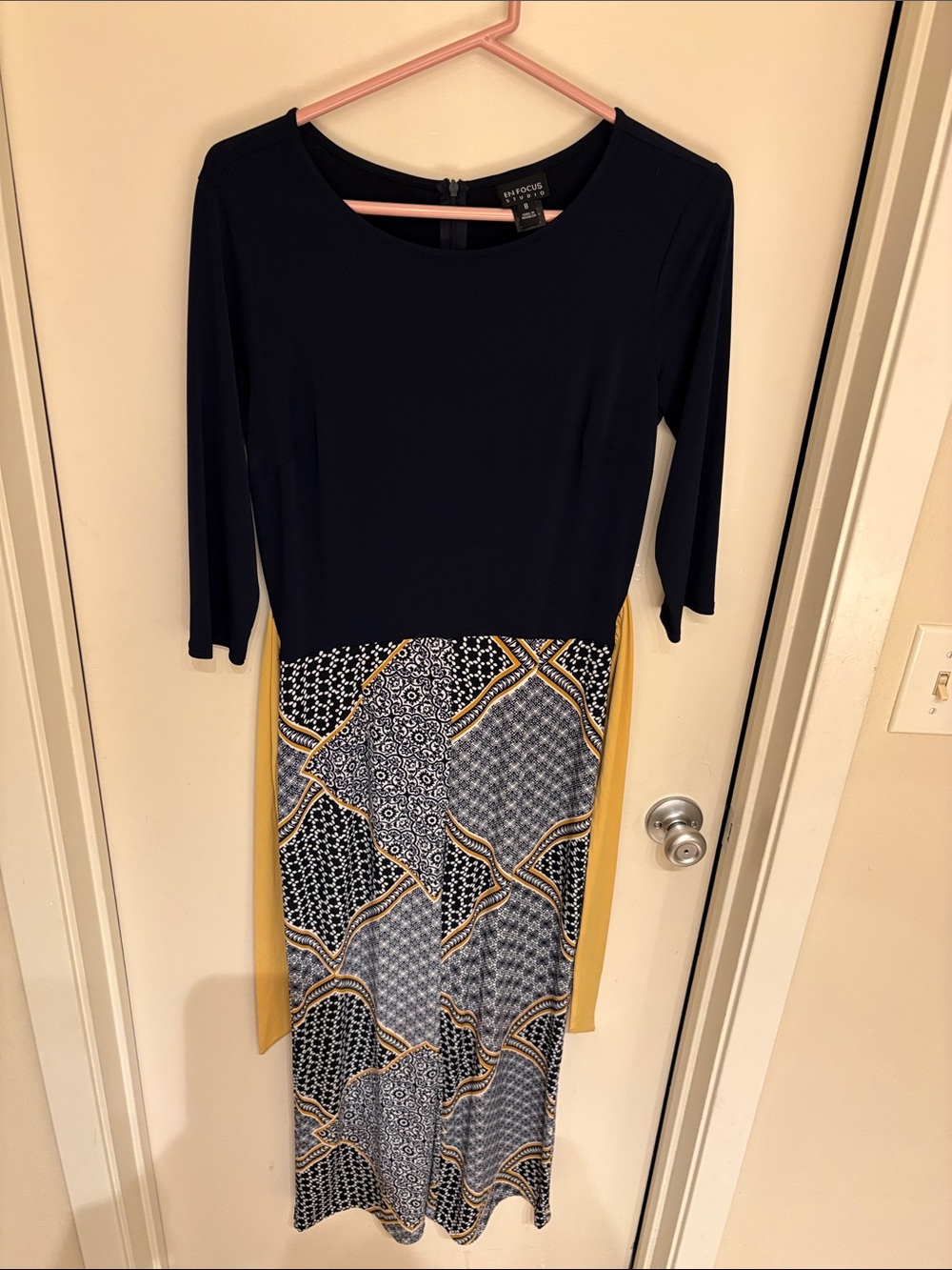 Navy Top with Mustard-Trim Patterned pantsuit